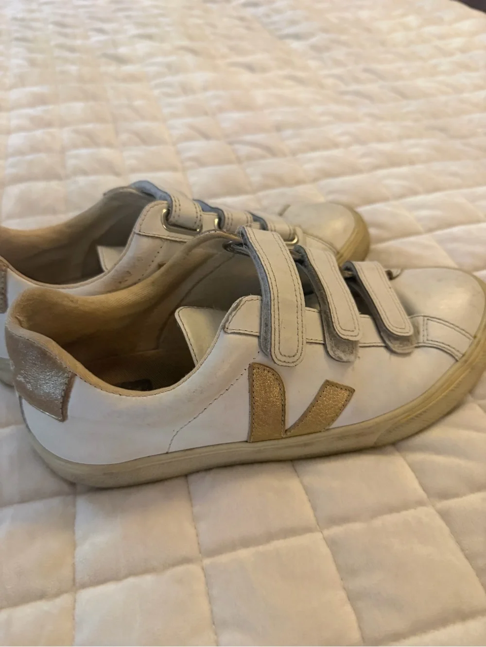 Veja White Sneakers with Gold V Detail - Velcro Straps